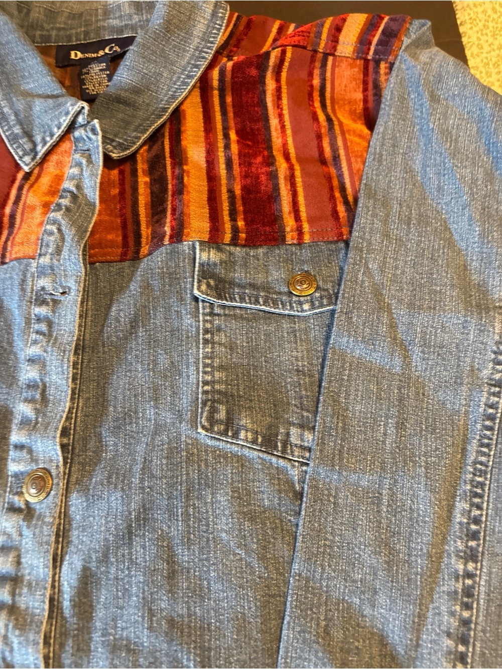 Denim & Co. 3X Denim Jacket Striped Velvet Chenille Yoke Stretch Boho Western - Picture 3 of 4